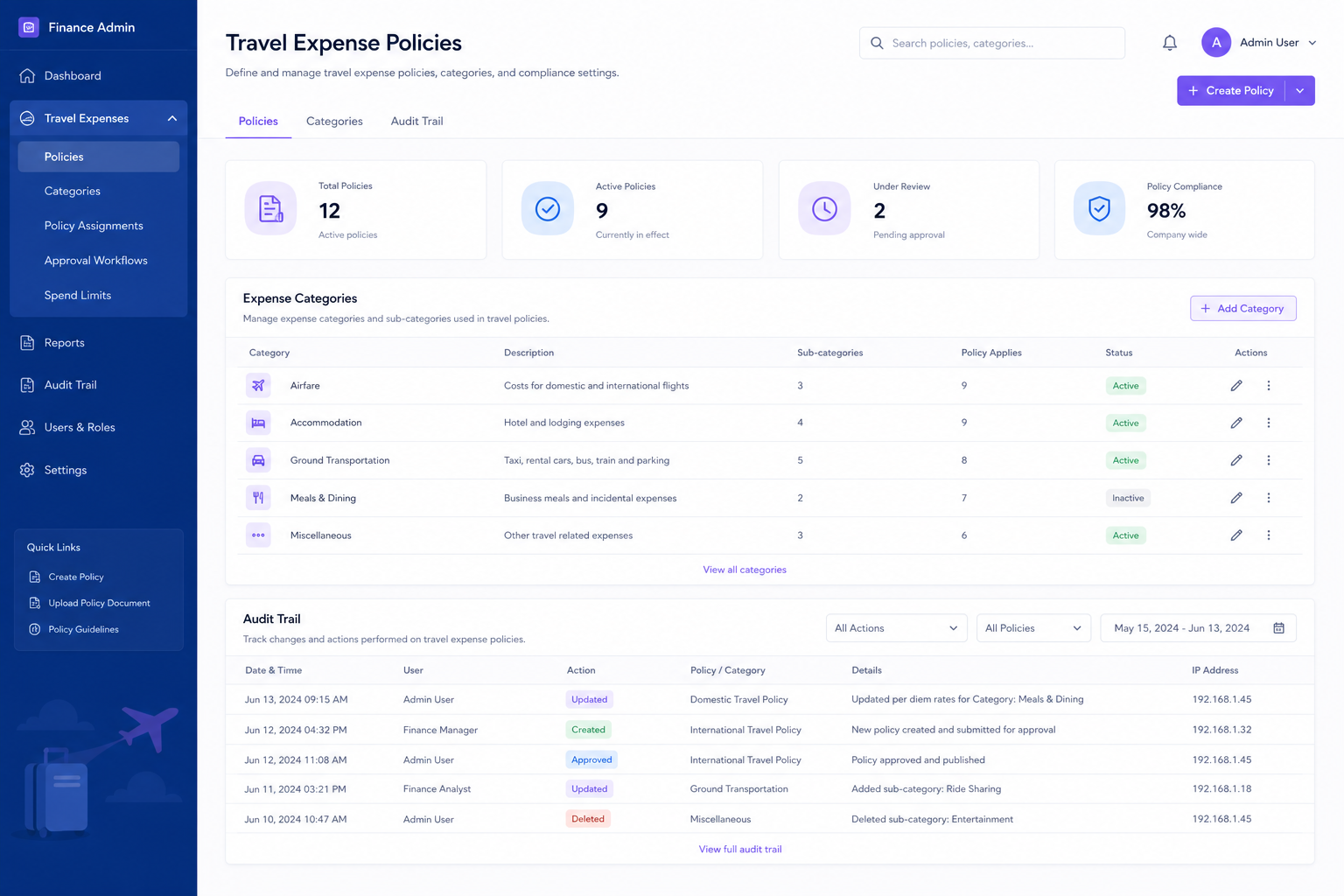 Corporate Travel & Expense Management admin portal